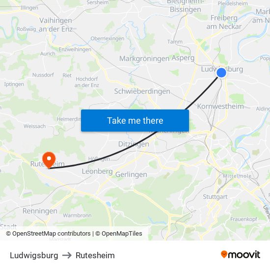 Ludwigsburg to Rutesheim map