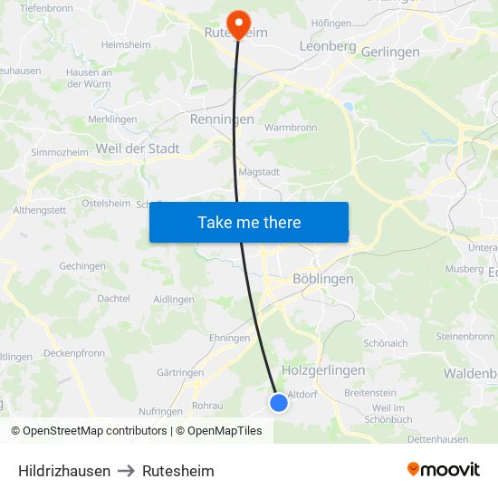Hildrizhausen to Rutesheim map
