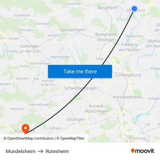 Mundelsheim to Rutesheim map