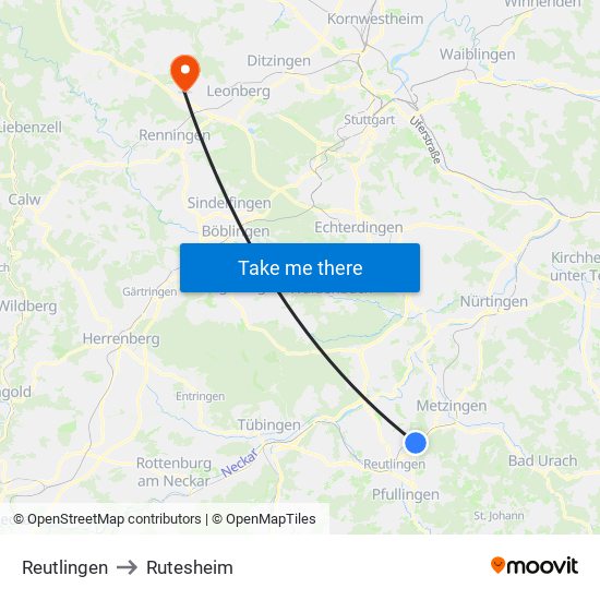 Reutlingen to Rutesheim map