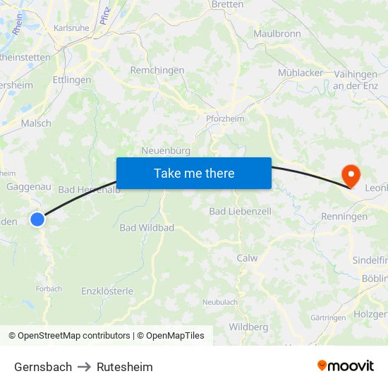 Gernsbach to Rutesheim map