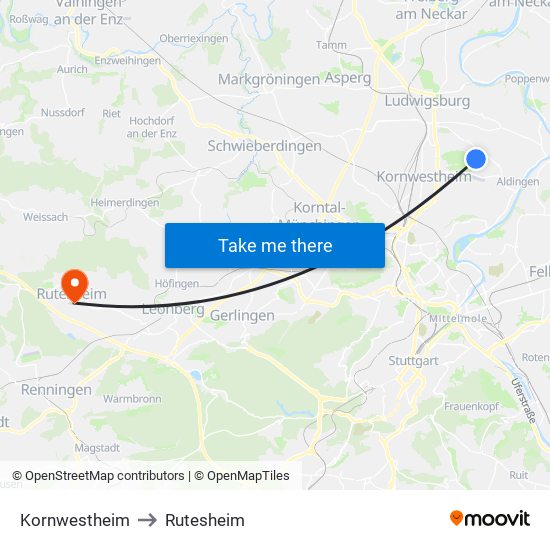 Kornwestheim to Rutesheim map