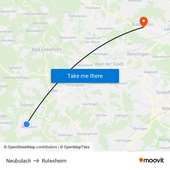 Neubulach to Rutesheim map