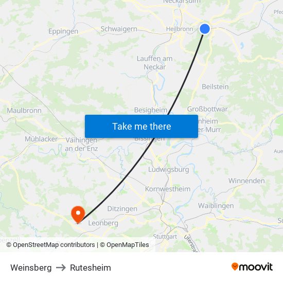 Weinsberg to Rutesheim map