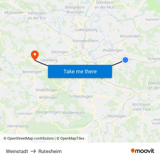 Weinstadt to Rutesheim map