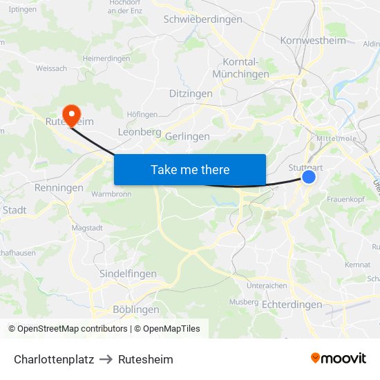 Charlottenplatz to Rutesheim map