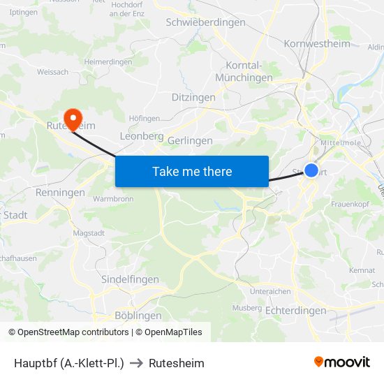 Hauptbf (A.-Klett-Pl.) to Rutesheim map