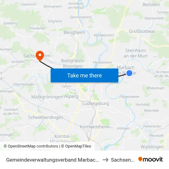 Gemeindeverwaltungsverband Marbach am Neckar to Sachsenheim map