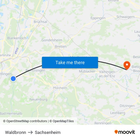 Waldbronn to Sachsenheim map