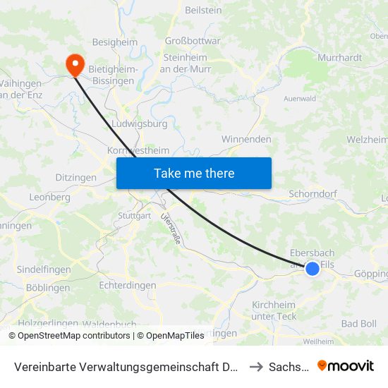 Vereinbarte Verwaltungsgemeinschaft Der Stadt Ebersbach An Der Fils to Sachsenheim map