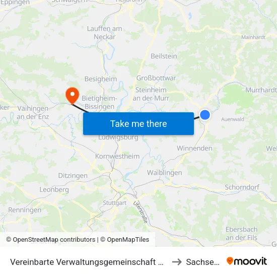 Vereinbarte Verwaltungsgemeinschaft Der Stadt Backnang to Sachsenheim map