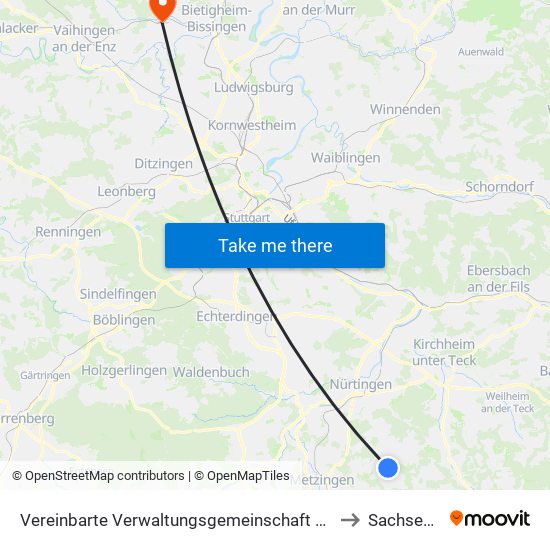 Vereinbarte Verwaltungsgemeinschaft Der Stadt Neuffen to Sachsenheim map