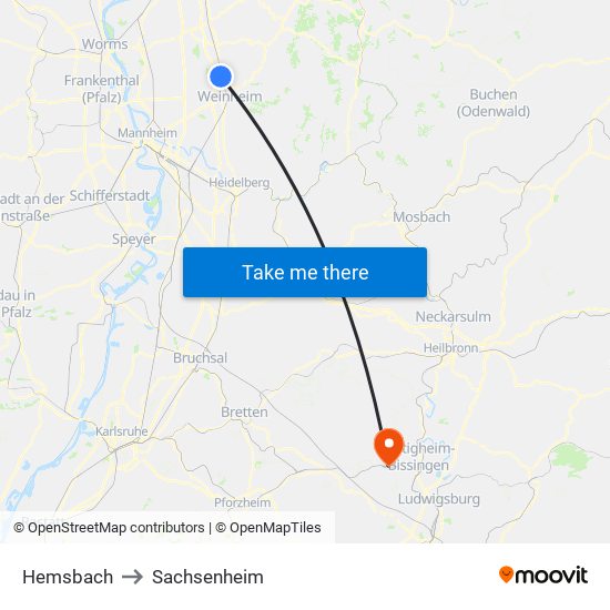 Hemsbach to Sachsenheim map
