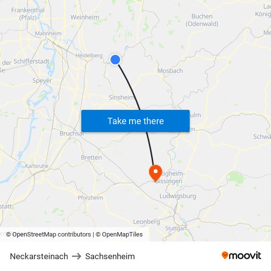 Neckarsteinach to Sachsenheim map