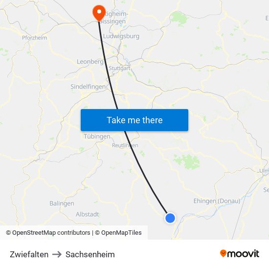 Zwiefalten to Sachsenheim map