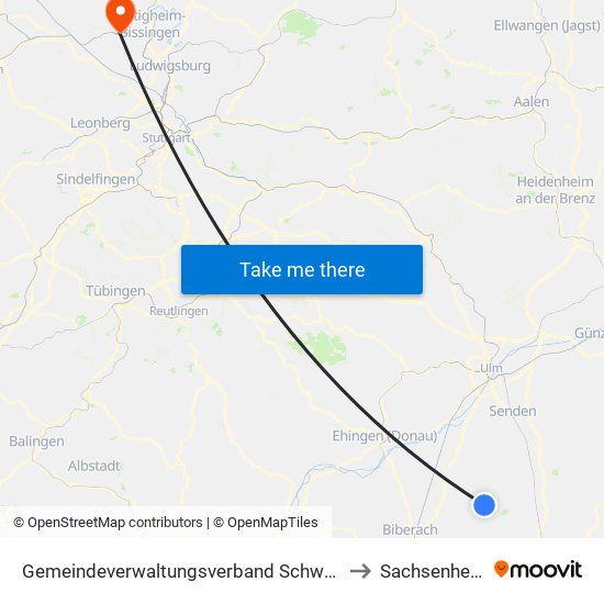 Gemeindeverwaltungsverband Schwendi to Sachsenheim map