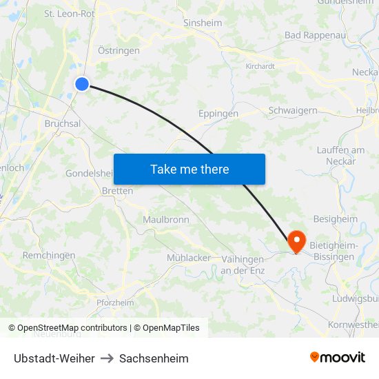 Ubstadt-Weiher to Sachsenheim map