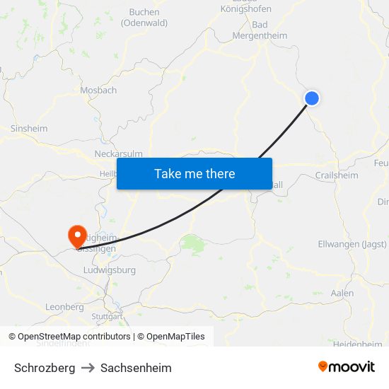 Schrozberg to Sachsenheim map
