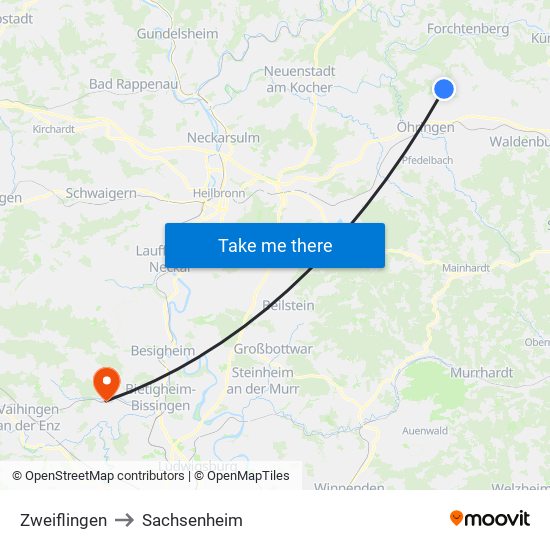 Zweiflingen to Sachsenheim map