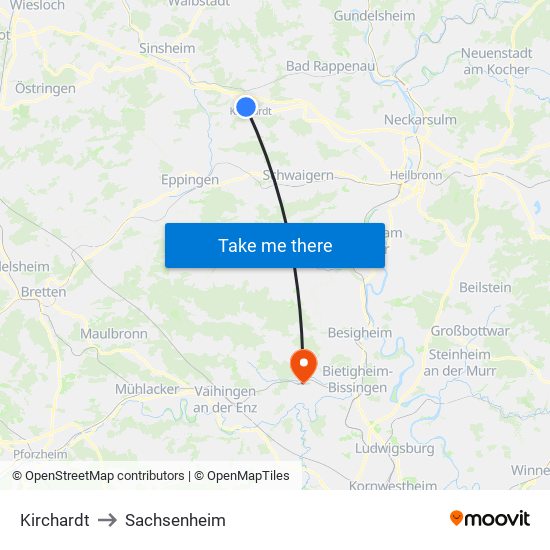 Kirchardt to Sachsenheim map