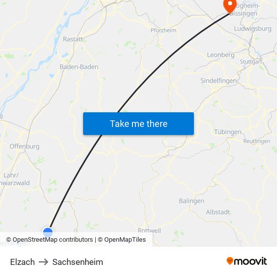 Elzach to Sachsenheim map