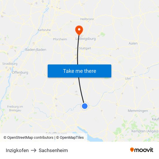 Inzigkofen to Sachsenheim map