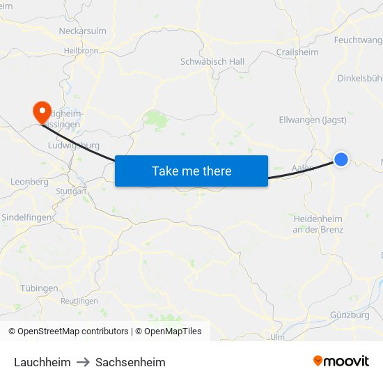 Lauchheim to Sachsenheim map