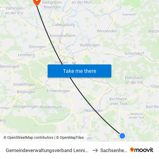 Gemeindeverwaltungsverband Lenningen to Sachsenheim map