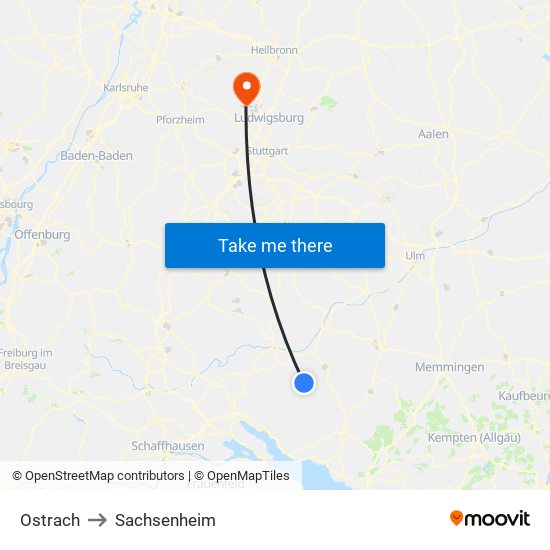 Ostrach to Sachsenheim map