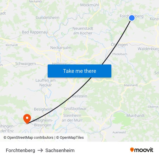 Forchtenberg to Sachsenheim map