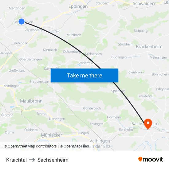 Kraichtal to Sachsenheim map