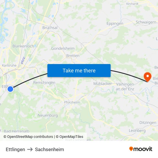 Ettlingen to Sachsenheim map