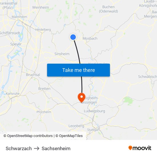 Schwarzach to Sachsenheim map