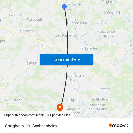 Obrigheim to Sachsenheim map