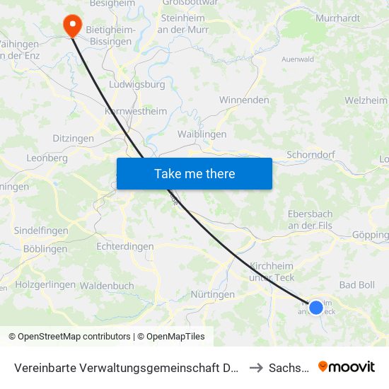Vereinbarte Verwaltungsgemeinschaft Der Stadt Weilheim An Der Teck to Sachsenheim map