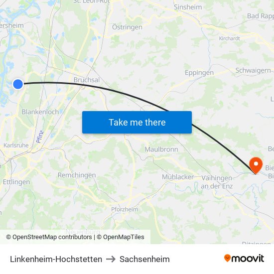 Linkenheim-Hochstetten to Sachsenheim map