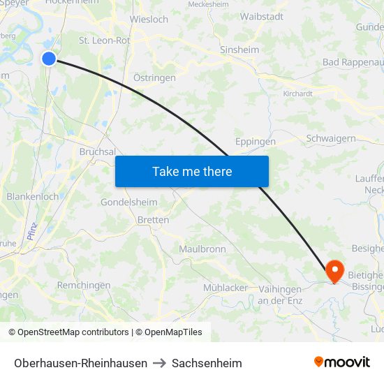 Oberhausen-Rheinhausen to Sachsenheim map