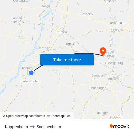 Kuppenheim to Sachsenheim map