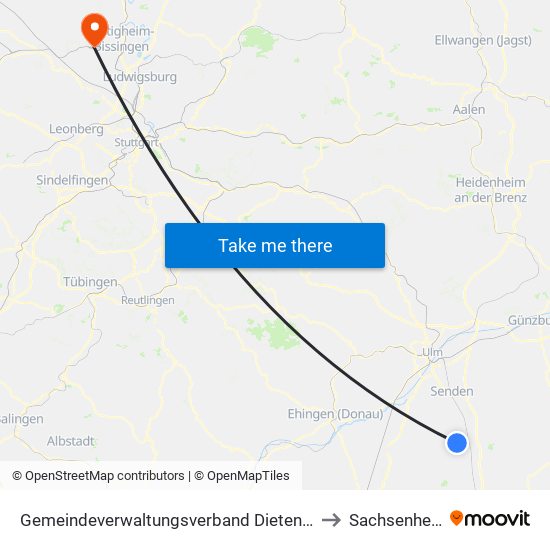 Gemeindeverwaltungsverband Dietenheim to Sachsenheim map