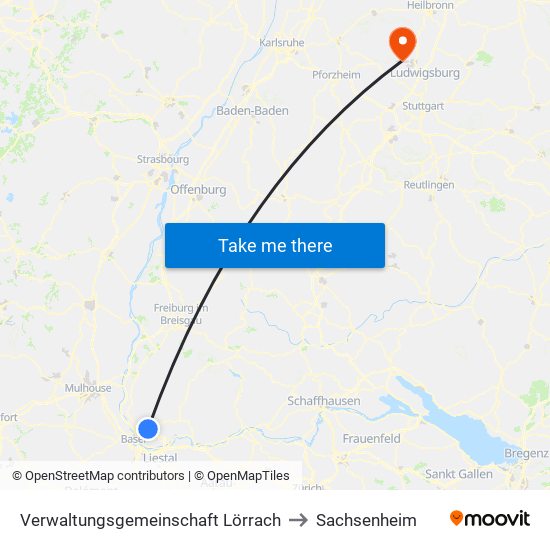 Verwaltungsgemeinschaft Lörrach to Sachsenheim map