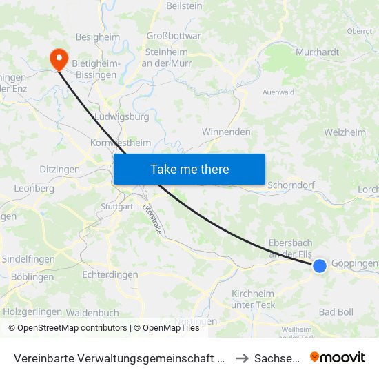 Vereinbarte Verwaltungsgemeinschaft Der Stadt Uhingen to Sachsenheim map