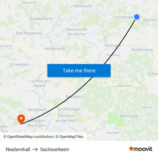 Niedernhall to Sachsenheim map