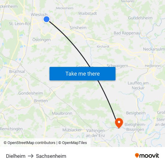 Dielheim to Sachsenheim map