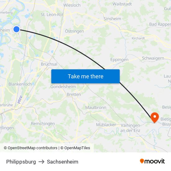 Philippsburg to Sachsenheim map