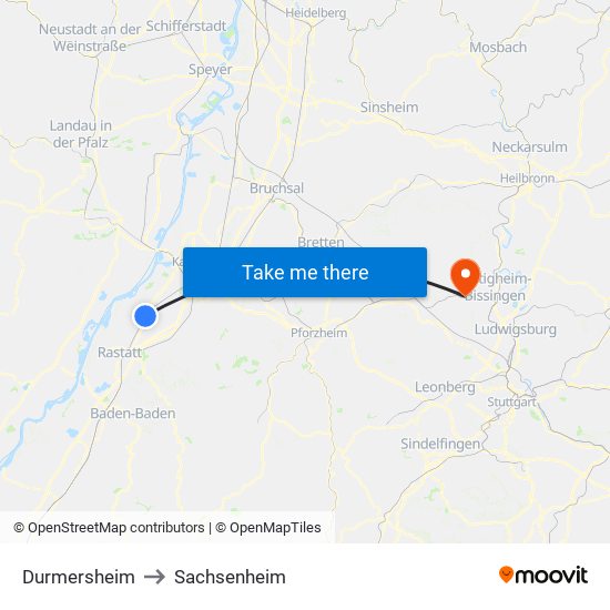 Durmersheim to Sachsenheim map