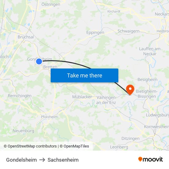 Gondelsheim to Sachsenheim map