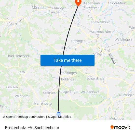 Breitenholz to Sachsenheim map