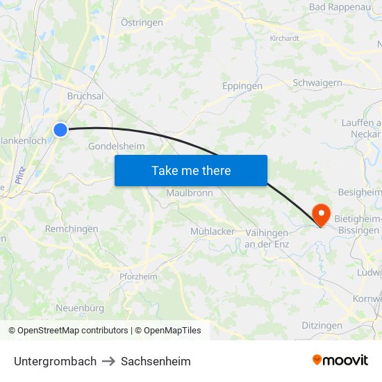Untergrombach to Sachsenheim map