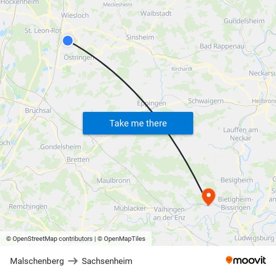 Malschenberg to Sachsenheim map