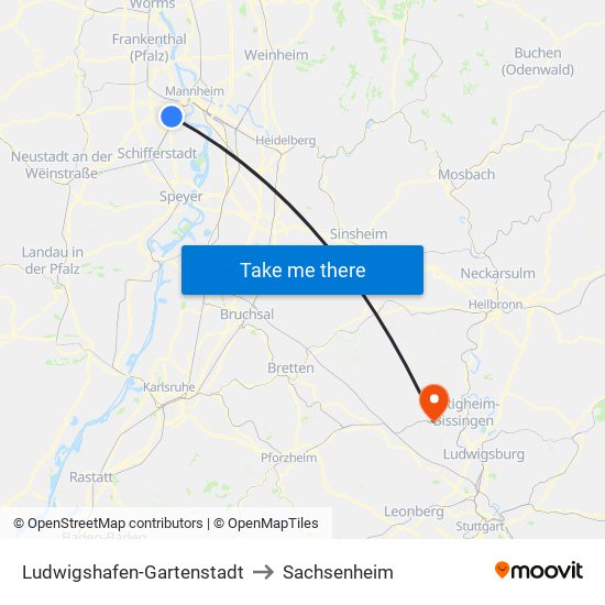 Ludwigshafen-Gartenstadt to Sachsenheim map